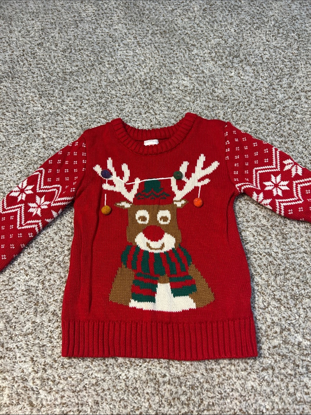 Holiday Time Red Kids Reindeer Sweater with Pom Accents